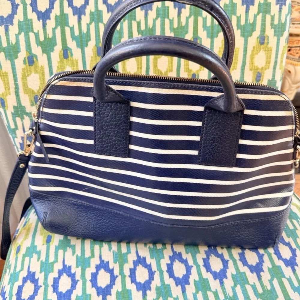 Kate Spade new york Navy/White Striped Satchel Zip Top Handle Detachable Strap